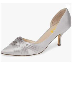FSJ Silver Kitten Heels Pointed Toe Slip on Pumps D'Orsay Pleated Satin Shoes